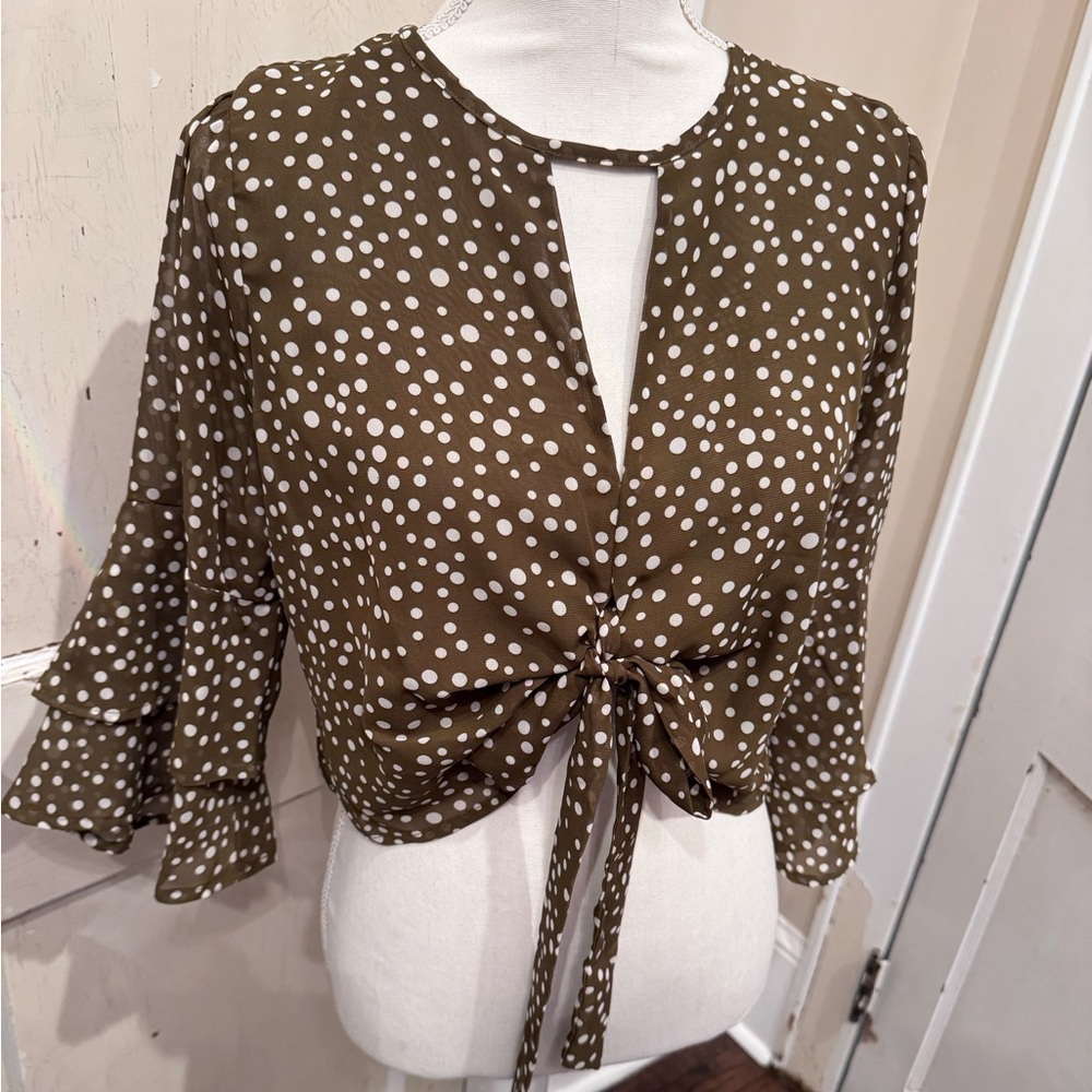 Olive green polka dot blouse size Small